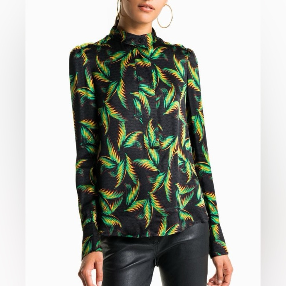 A.L.C. Black Blouse with Vibrant Leaf Print